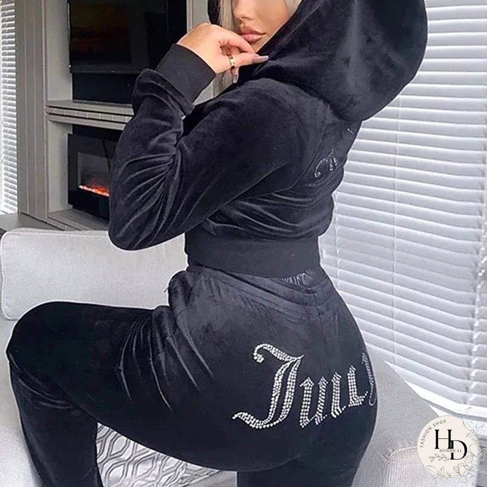 Autumn Casual High Street Velvet Suits Women Fashion Rhinestones Printed Letter Loose Hoodies + Long Pants Tracksuit 2 Piece Set