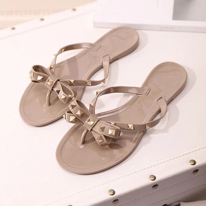 Women's Fashion Bow Knot Rivet Non-slip Flat Beach Sandals