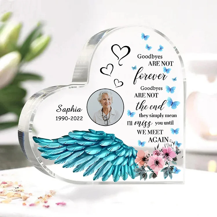 Blue Angel Wings-Personalized Memorial Acrylic Heart Keepsake Desktop Ornament-Goodbyes Are Not The End