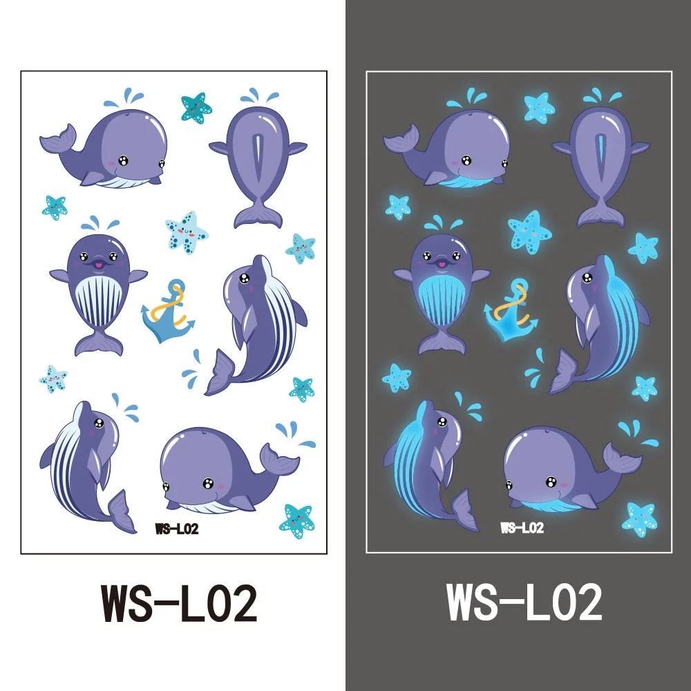 European and American children waterproof tattoo stickers cute dinosaur mermaid cartoon blue luminous temporary tattoo stickers