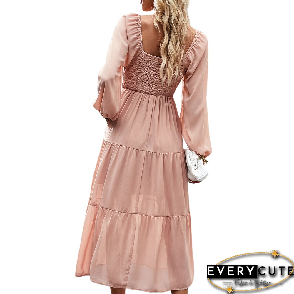 Pink Solid Square Neck Pocket Long Sleeve Dress