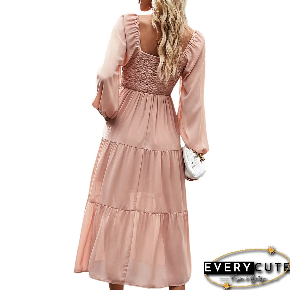 Pink Solid Square Neck Pocket Long Sleeve Dress