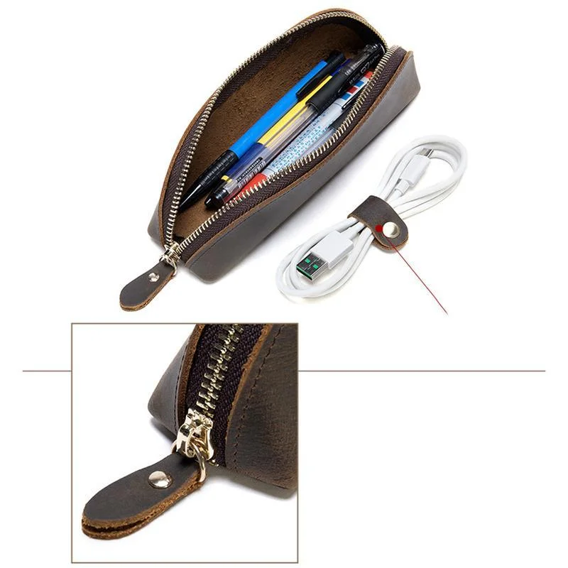 Genuine Leather Zippered Main Compartment Mobile Office Pencil USB Pouch Protection Bag