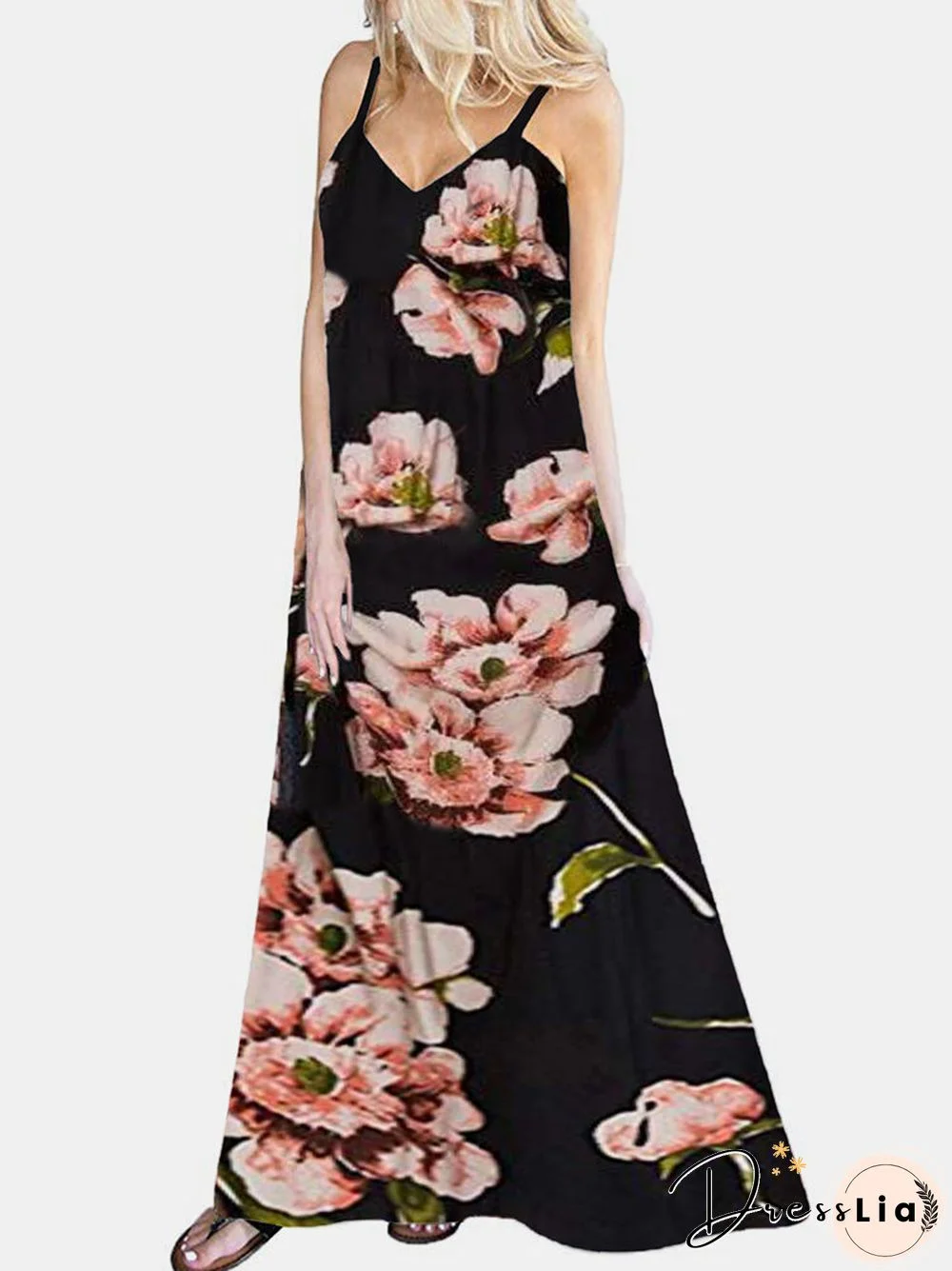 Floral Print Spaghetti Straps V-neck Sleeveless Maxi Dress