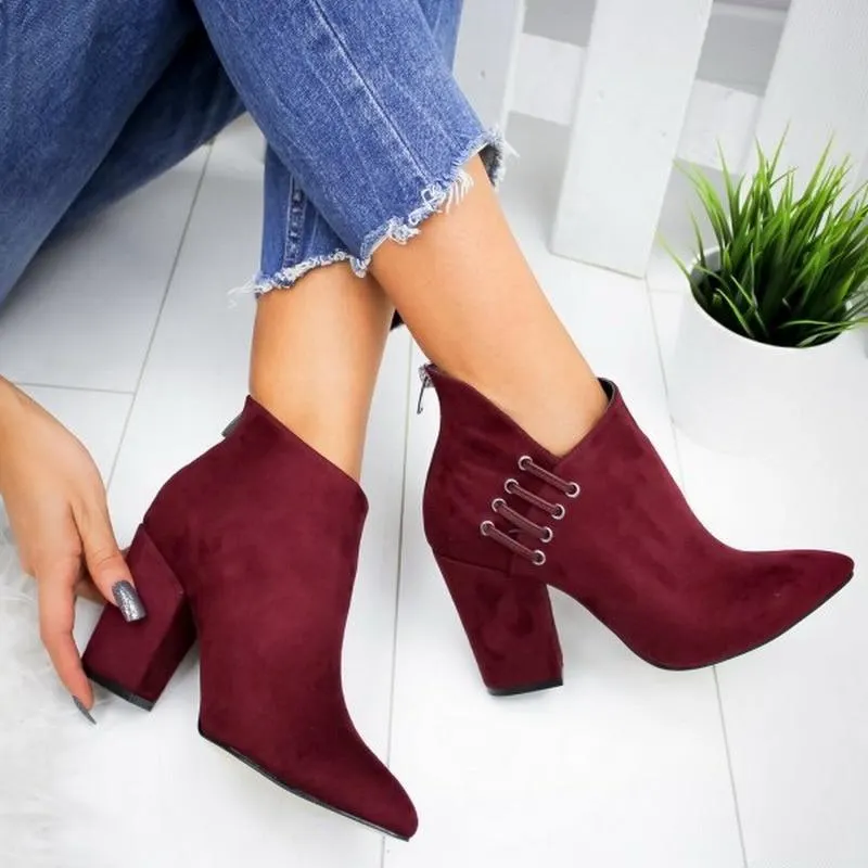 Woman Boots Pointed High Heels Shoes Solid Color Leather Ankle Boots Female Boots Fashion Thick Heel Back Zipper Women Shoes 1213