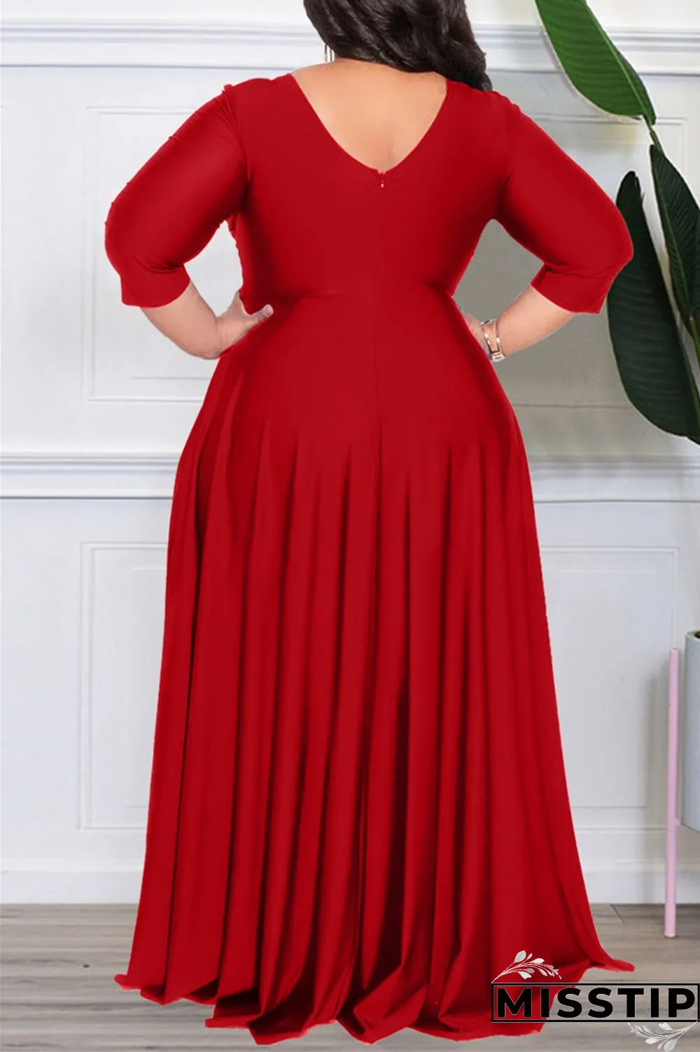 Dark Purple Casual Solid Patchwork V Neck Long Sleeve Plus Size Dresses