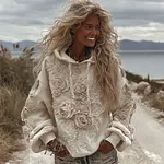 Women's Classic Romantic White Rose Embroidery Art Comfy Hoodie - Image 7