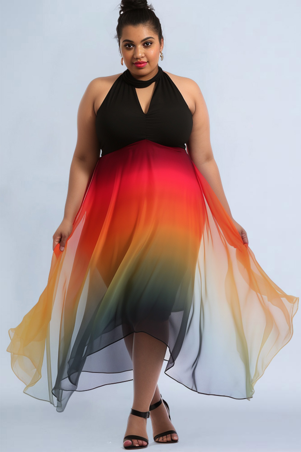 Design Plus Size Party Multicolor Colorblock Halter Collar Cut Out Tulle Midi Dresses [Pre-Order]