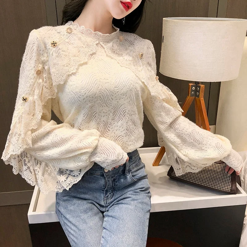 New Crochet Lace Blouse Women Chic Ruffle Lace Stitching Shawl Ladies Stand Collar Tops 2021 Spring Long Sleeve Slim Shirt13025