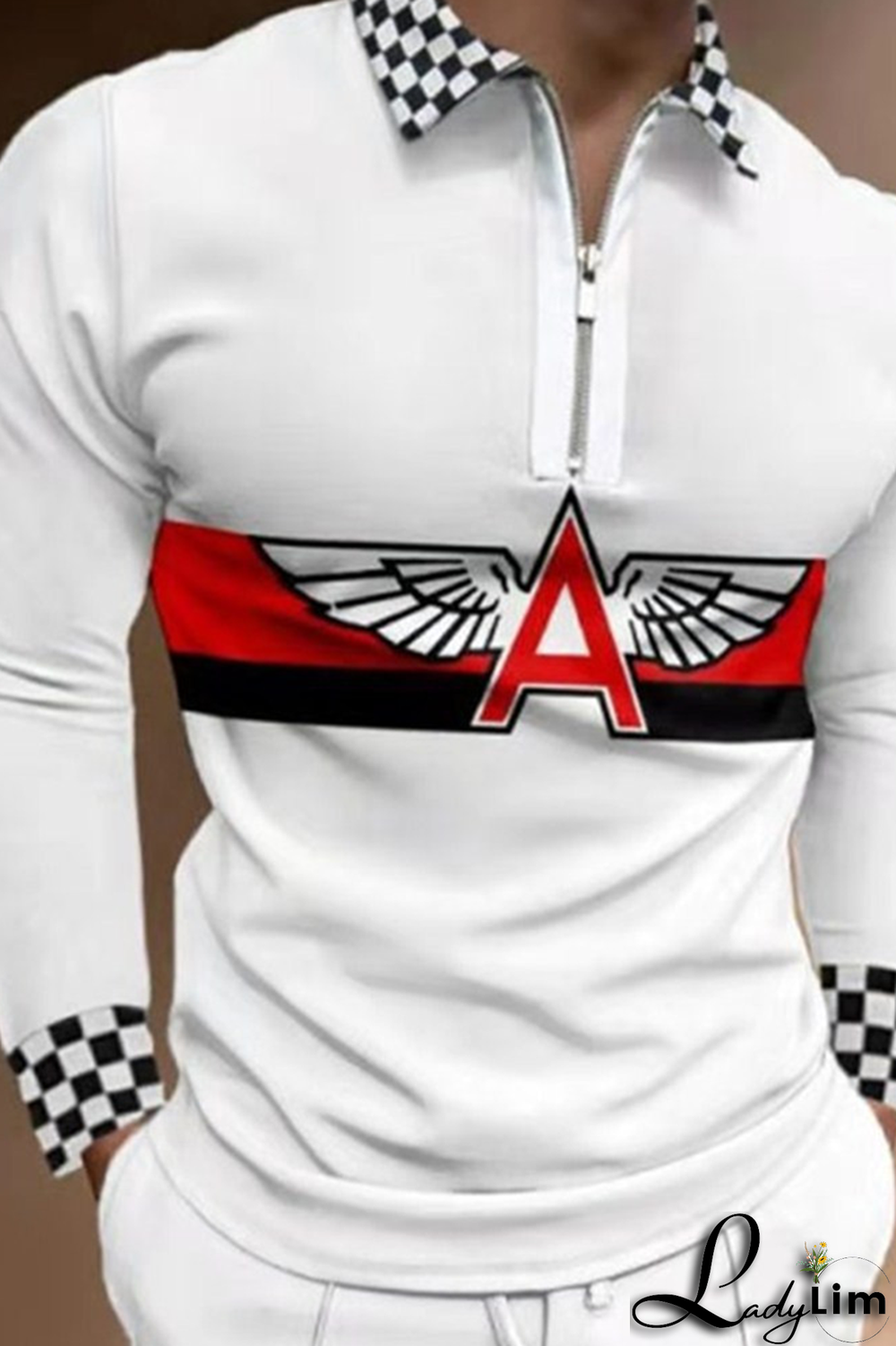 White Red Fashion Casual Print Split Joint Zipper POLO collar Tops