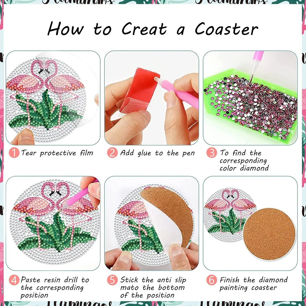 8pcs DIY Flamingo Art Acrylic Diamond Painting DIY Coaster for Adults Kids