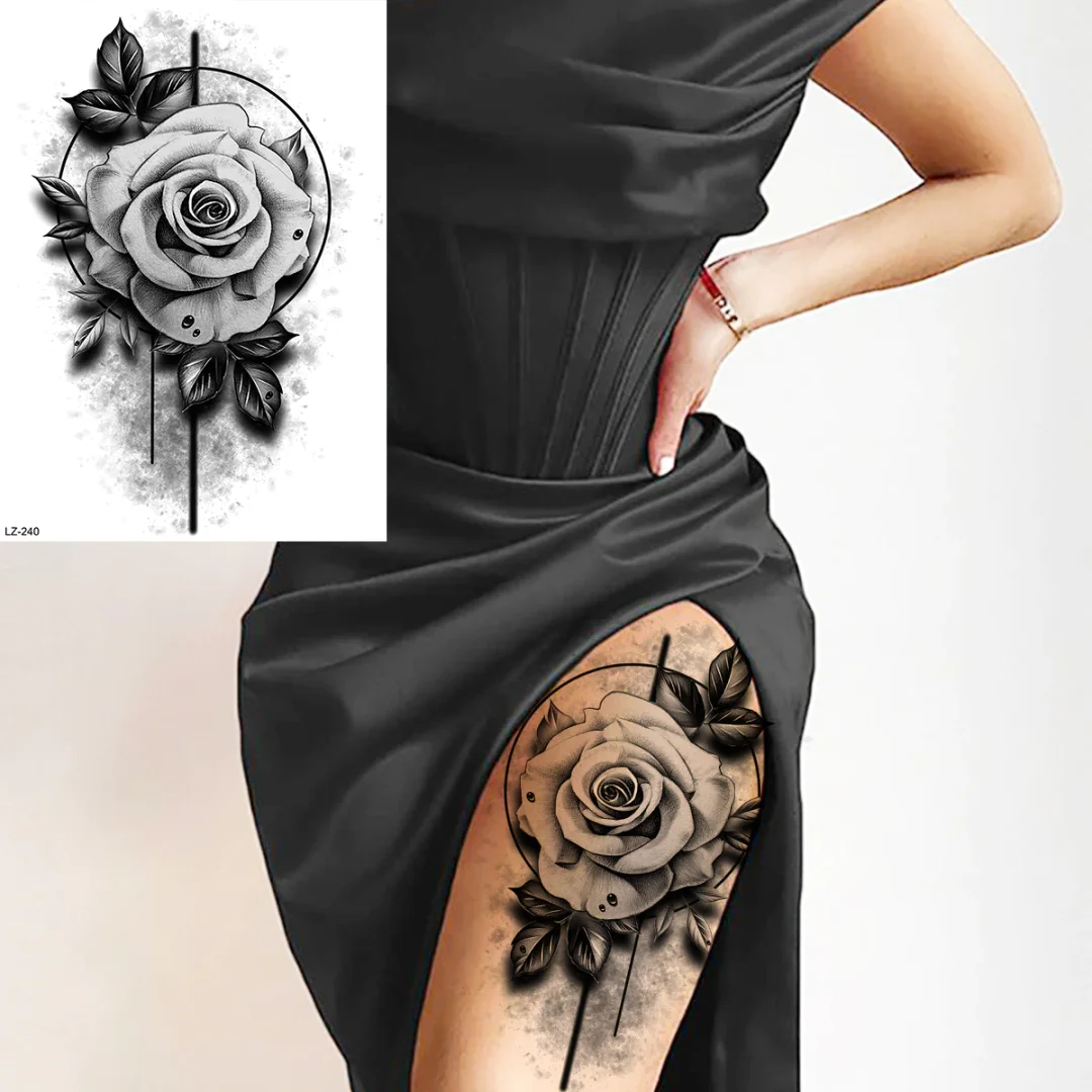 Sdrawing Black Skull Rose Flower Back Temporary Tattoos For Women Men Halloween Compass Round Fake Tattoo Sticker Skeleton