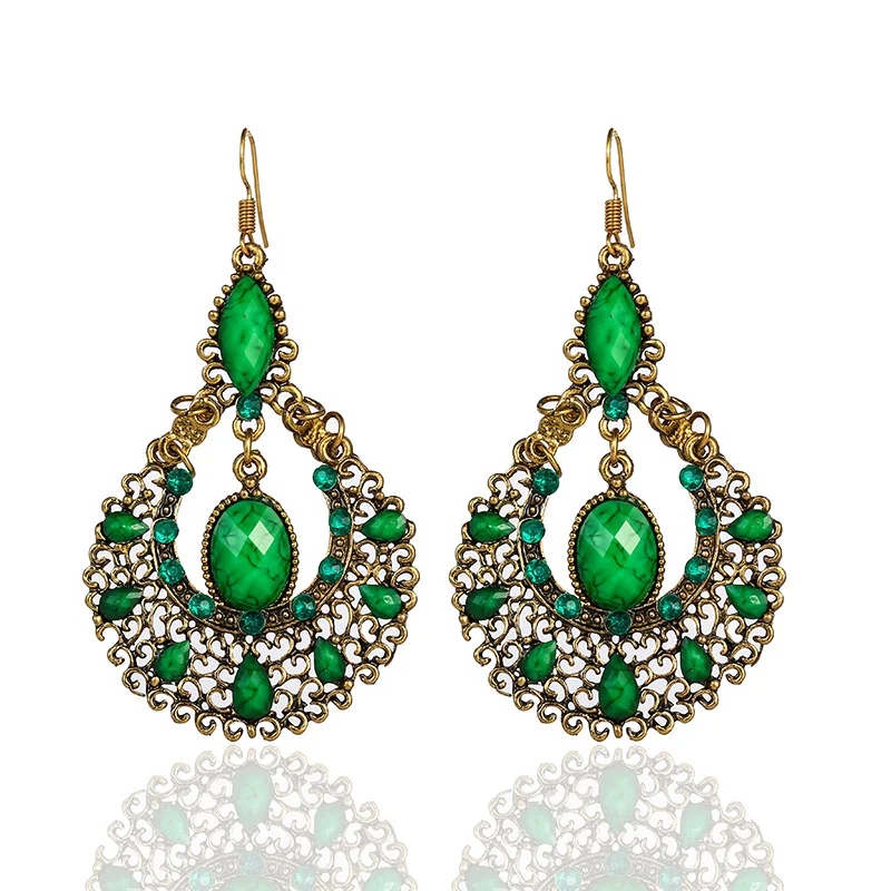 Vintage ethnic gem water-drop shape alloy ladies earrings