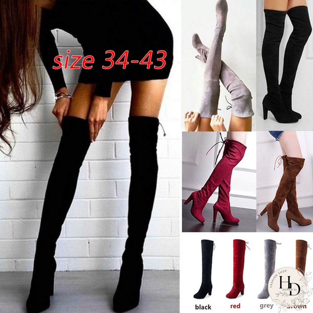 Womens Stretch Slim Thigh High Boots Fashion Over The Knee Heels Size 34-43 Red Black Grey