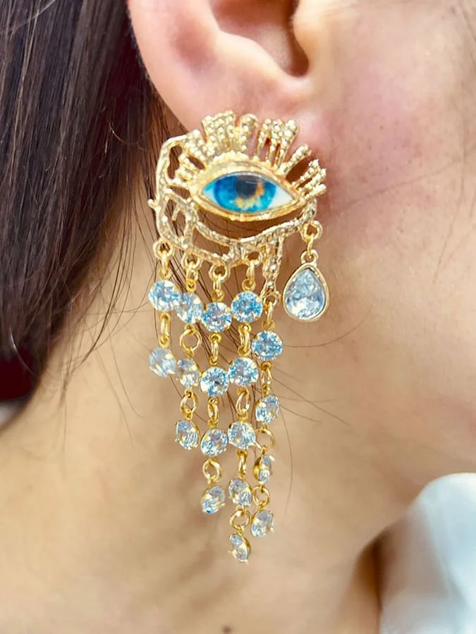 Devil's Eye Long Crystal Tassel Pendant Fantasy Earrings