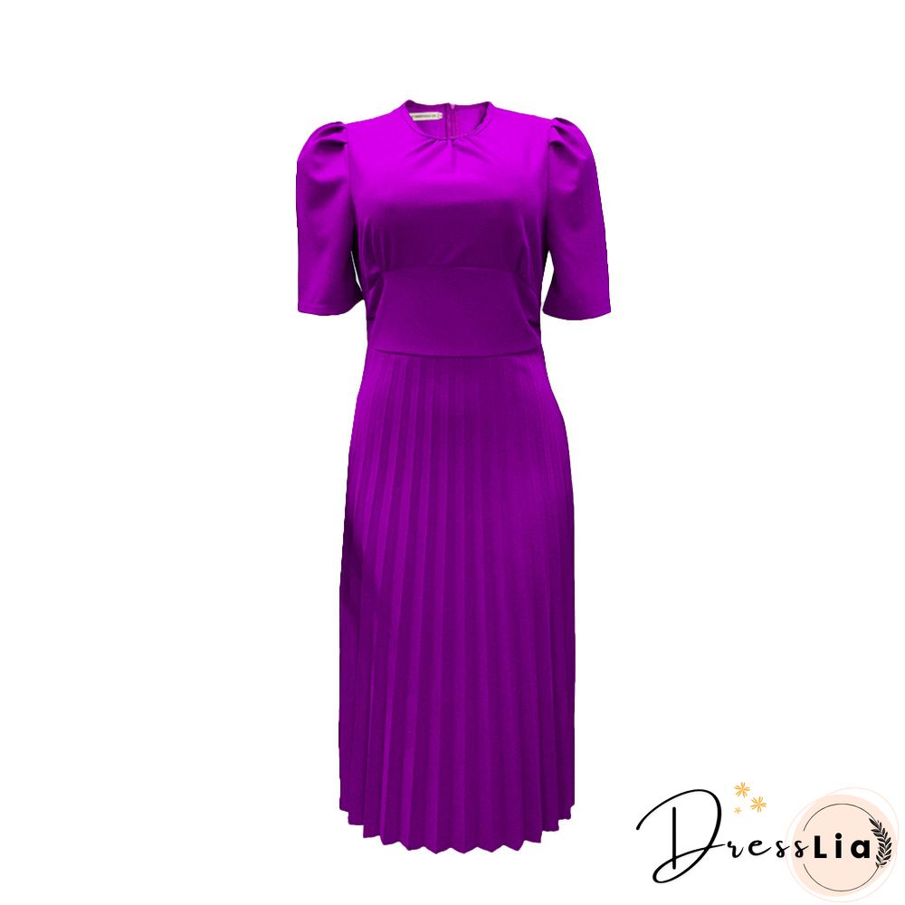 Short Sleeve Pleated Solid Color Plus Size Dress