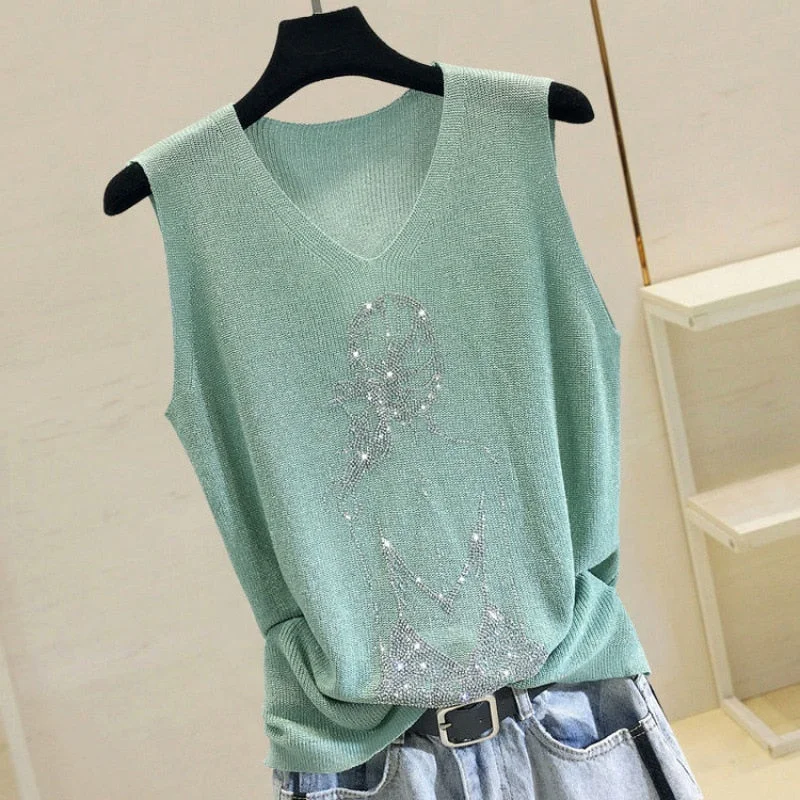 Knitted Vest Tank Top Women Onesize V-neck Streetwear Casual Tank Top Women Summer Thin Bright Silk Sleeveless Vest Outwear Tops