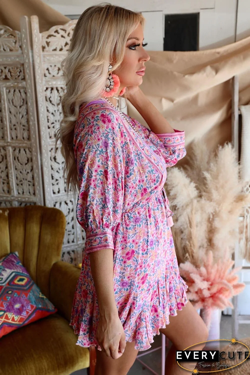 Pink Boho Ruffled V Neck Floral Mini Dress