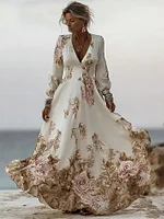 Classy Vintage Roses Print V Neck Flowy Maxi Linen Dress