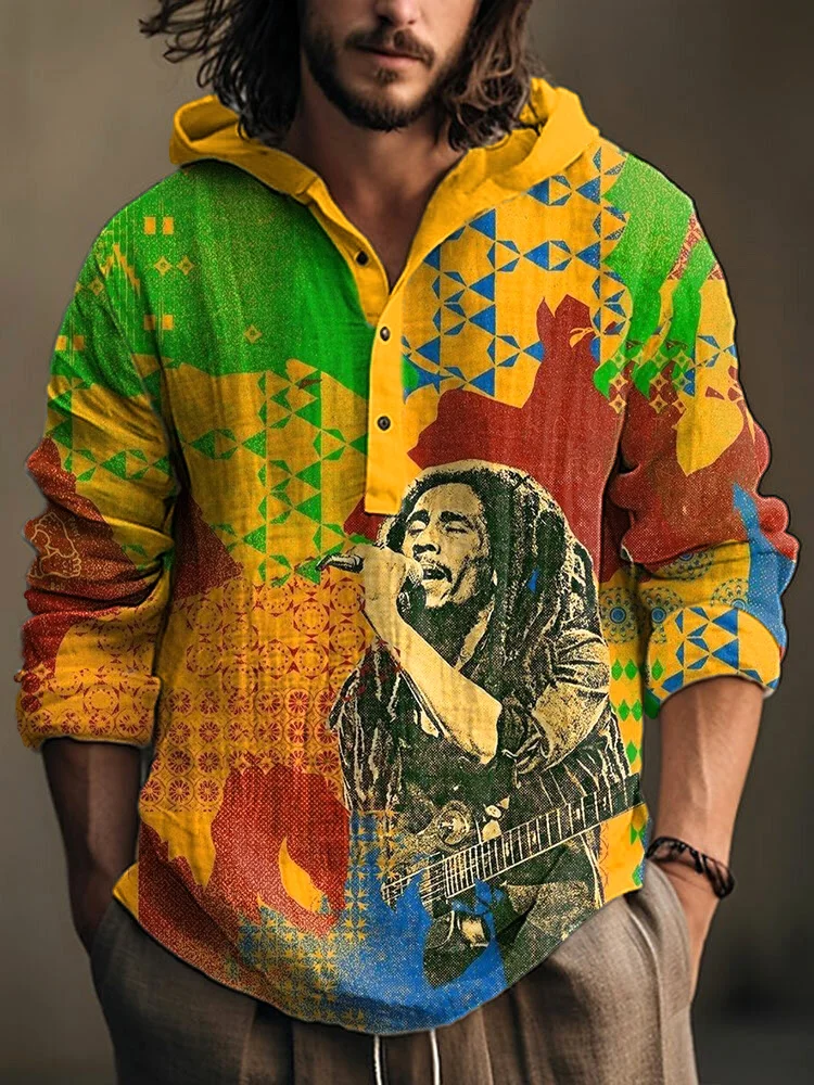 Reggae Music Bob Marley Print Linen Blend Hooded Shirt
