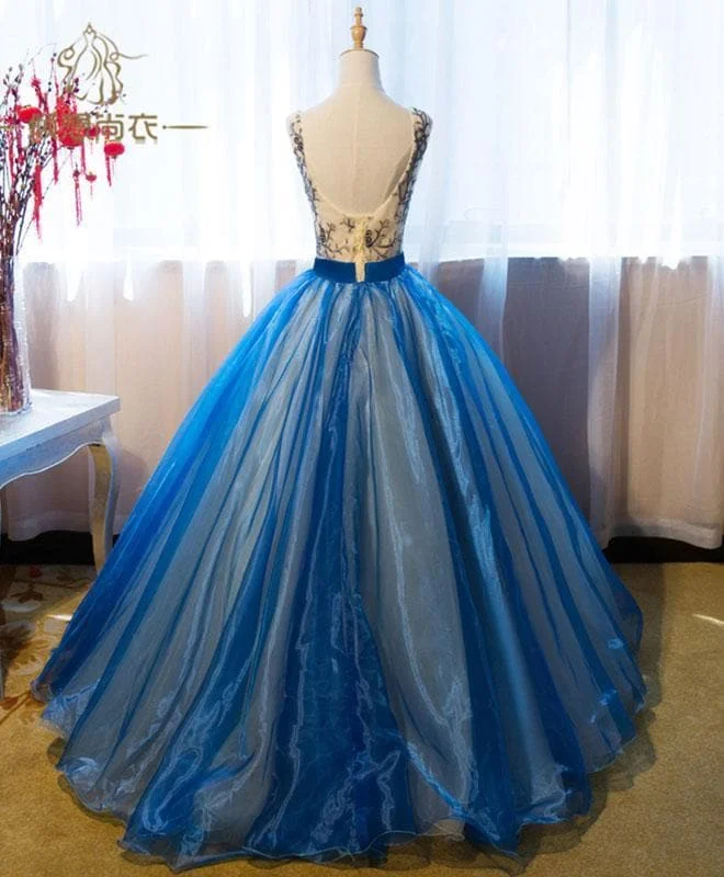 Royal Blue V Neck Lace Applique Long Prom Dress Blue Evening Dress