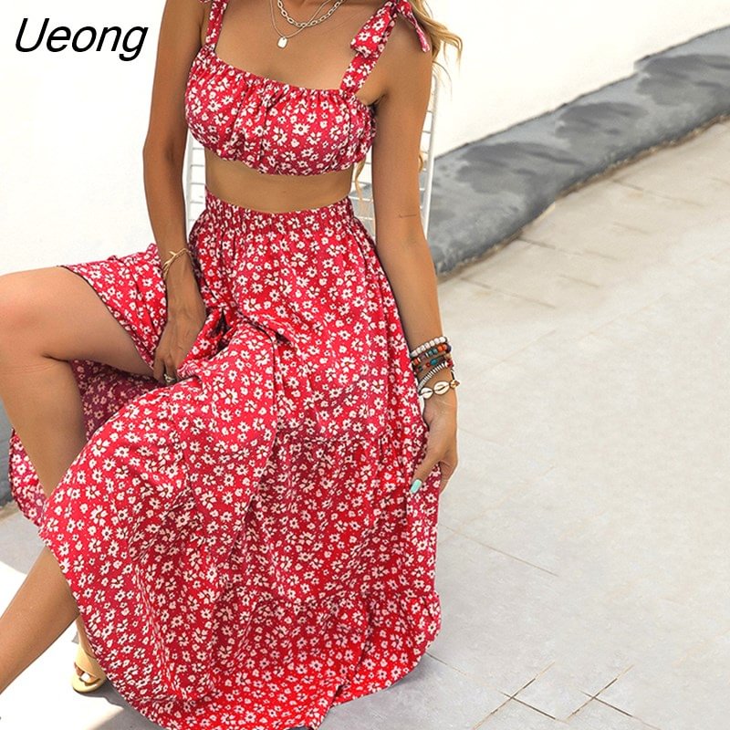 Ueong Print Floral Skirts two piece sets female summer 2022 new retro sweet fresh temperament two-piece suit long skirt sets