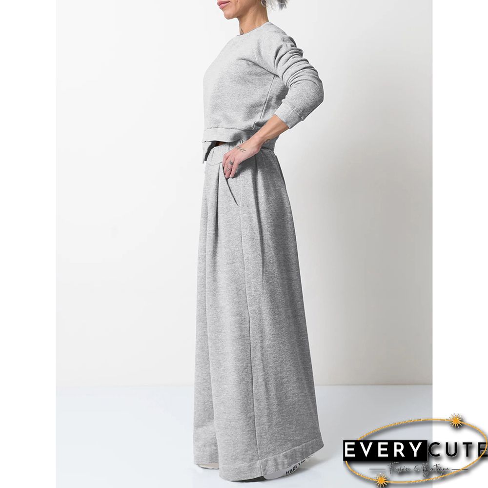 Light Gray Irregular Sweatshirt with Wide Leg Casual Pant Set