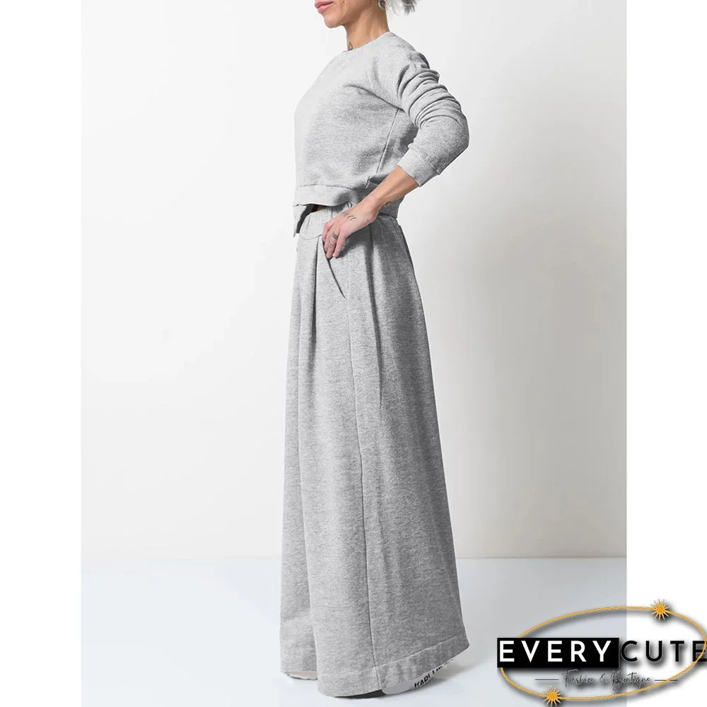 Light Gray Irregular Sweatshirt with Wide Leg Casual Pant Set