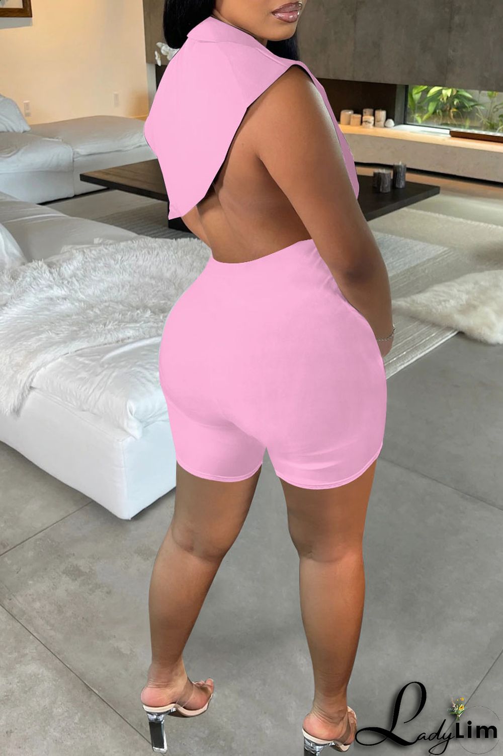 Black Sexy Solid Backless Asymmetrical V Neck Sleeveless Two Pieces