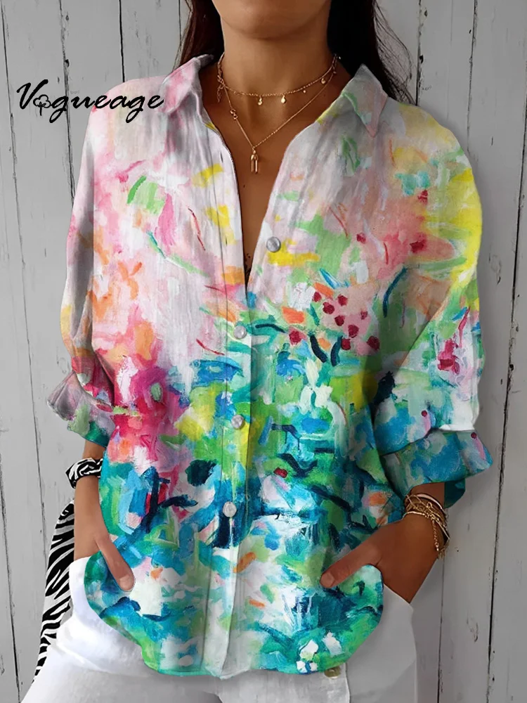 Gentle And Elegant Temperament Pattern Printed Cotton And Linen Shirt