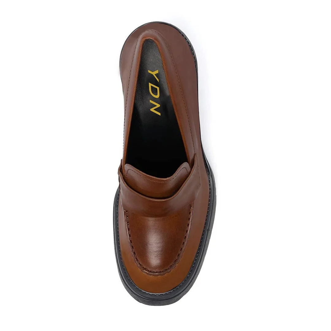 Women's Brown Vegan Leather Round Toe Classy Loafers with Block Heel