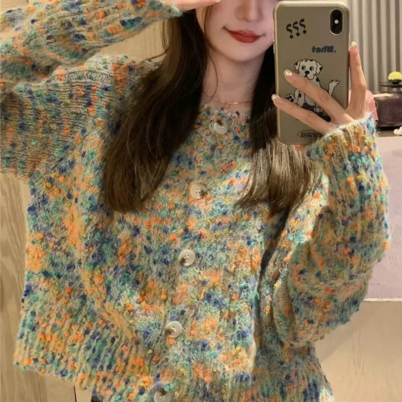 Churchf Churchf Rainbow Sweater Cardigan Coat Female 2024 Autumn / Winter New Korean Retro Lazy Ins Small Incense Sweater