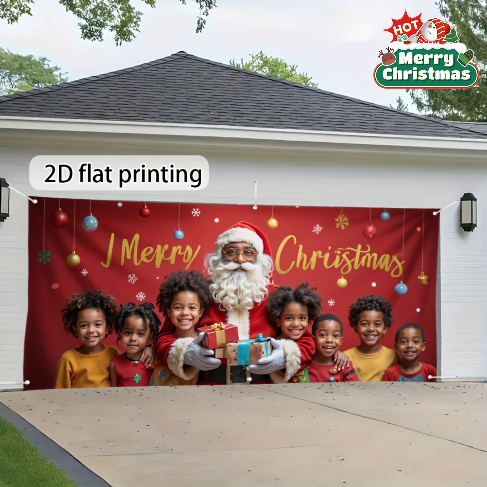 Tegooe Large African American Santa Kids Garage Door Banner Festive OutdoorIndoor Christmas Backdrop