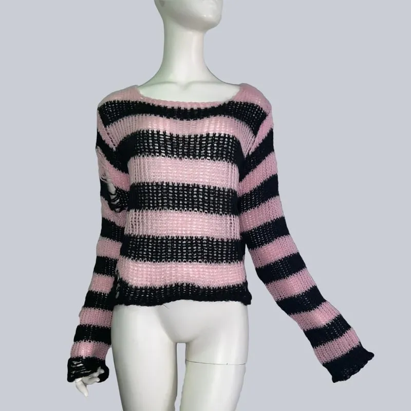 Plus Size Punk Gothic Long Unisex Sweater Dress Women Man Striped Cool Hollow Out Hole Broken Jumper Loose Rock Thin Sweter 2021