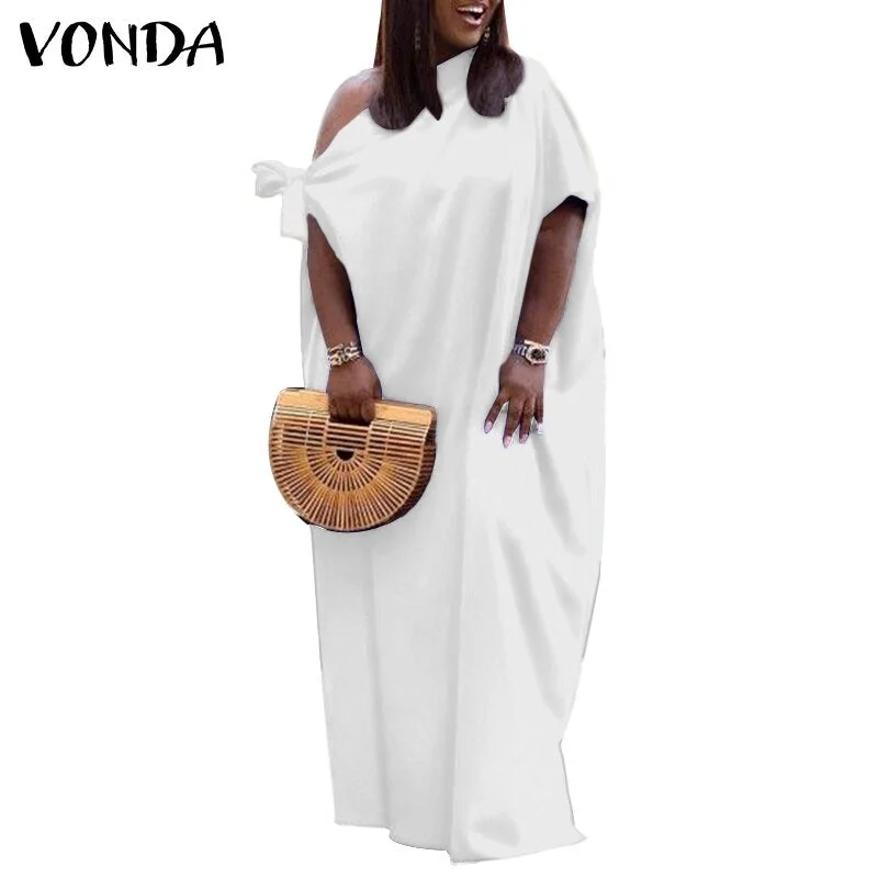 Satin Dress VONDA Women Casual Solid Pleated Long Maxi Dresses Loose Shorts Sleeve Party Robes Longue Sundress
