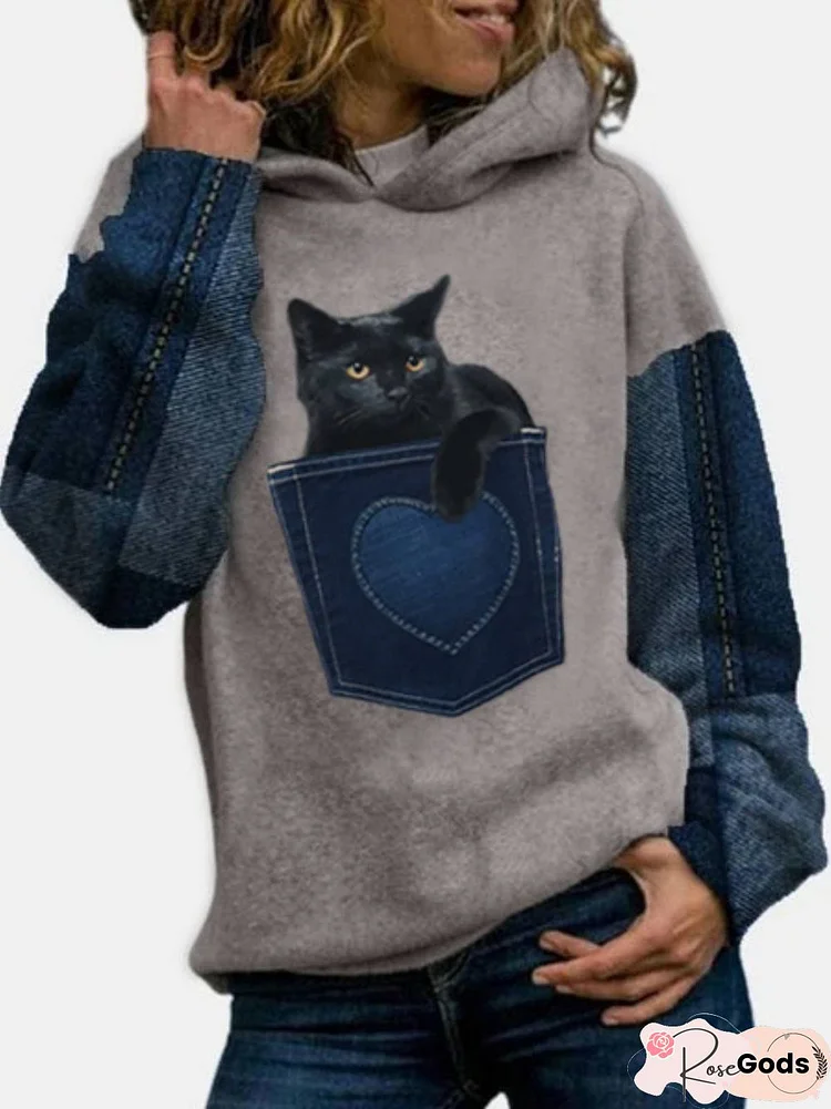 Women Casual Cute Cat Long Sleeve Cotton-Blend Hoodie Sweatshirts