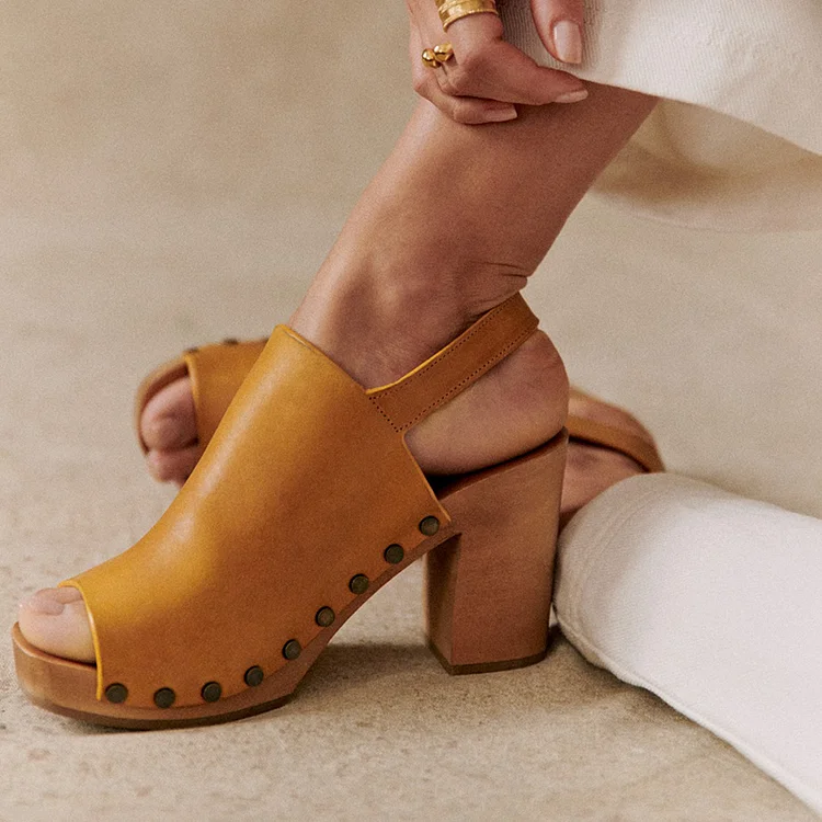 Yellow Platform Chunky Heels Women'S Peep Toe Slingback Shoes Vintage Studs Pumps |FSJ Shoes