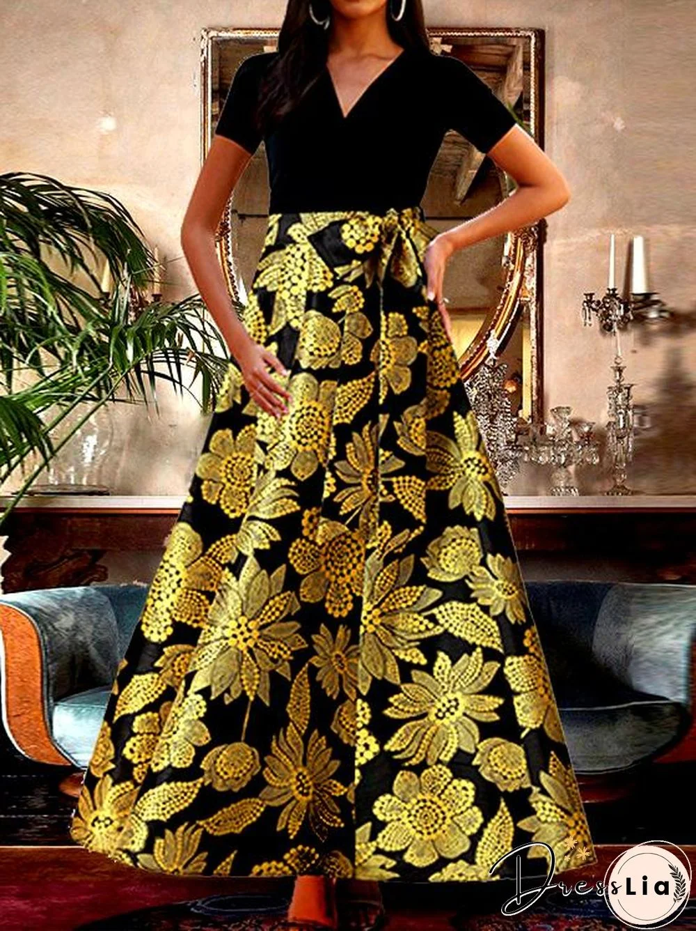 Joint Short Sleeve Printed Women V-Neck Dress