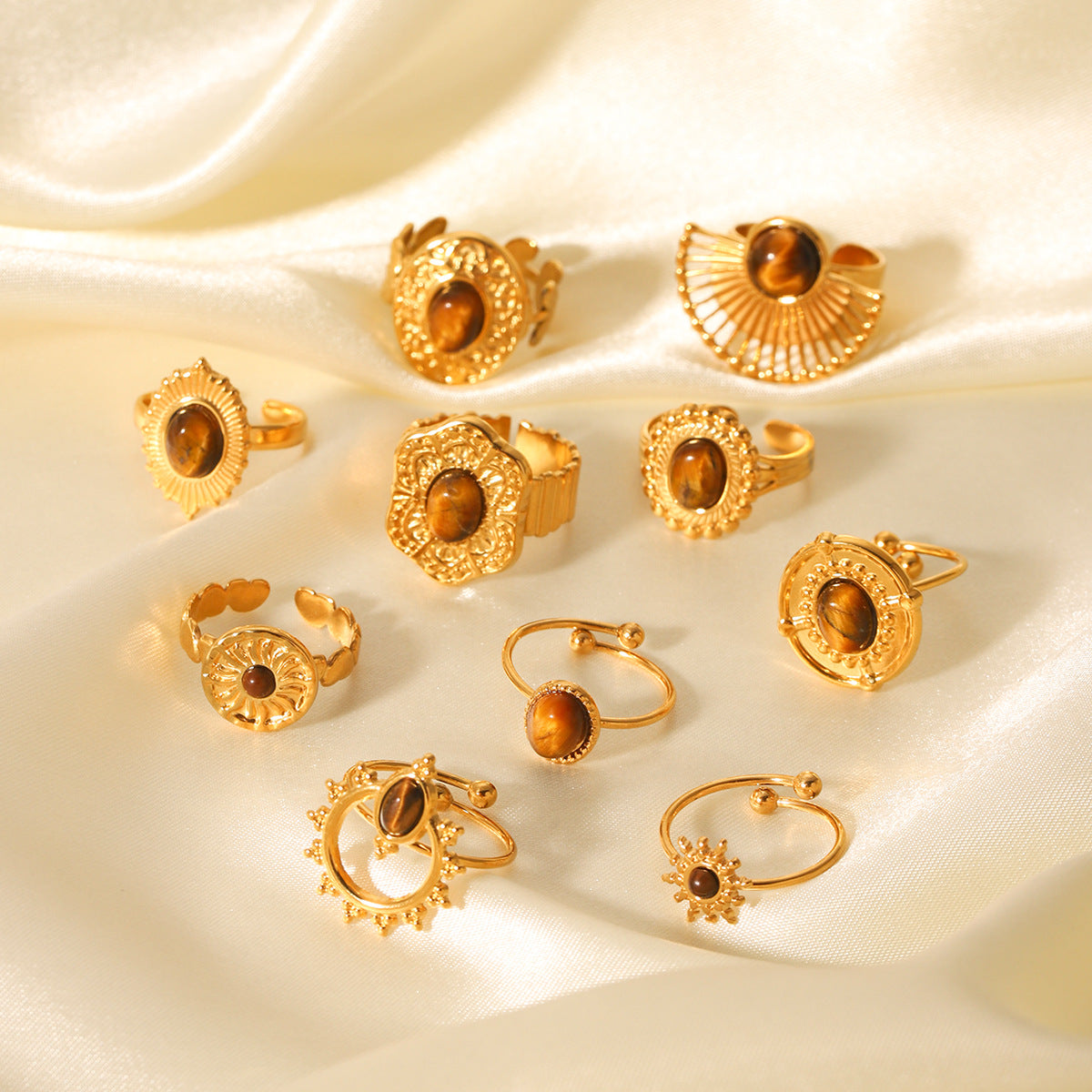 French Retro Stainless Steel Inlaid Natural Tiger Eye Stone Ring Female All-Match Geometric Titanium Steel Ring