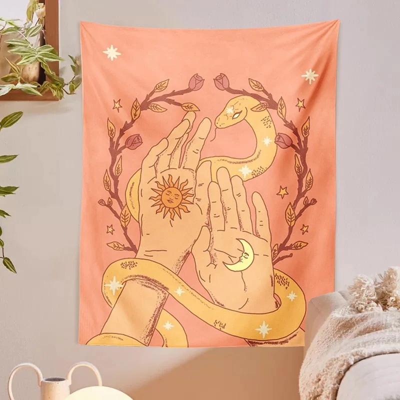 Tarot sun moonTapestry magic hand snake Wall Hanging Retro Sun Moon Snake Boho Decor Minimalist Print Divination Art Wall Decor