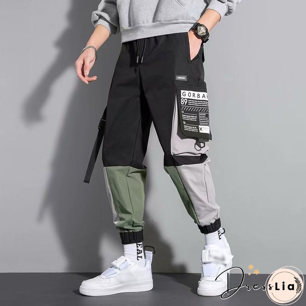 Contrasting Color Casual Functional Pants