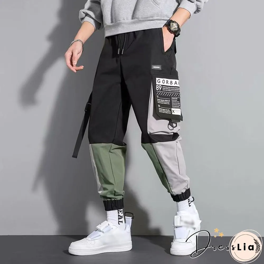 Contrasting Color Casual Functional Pants