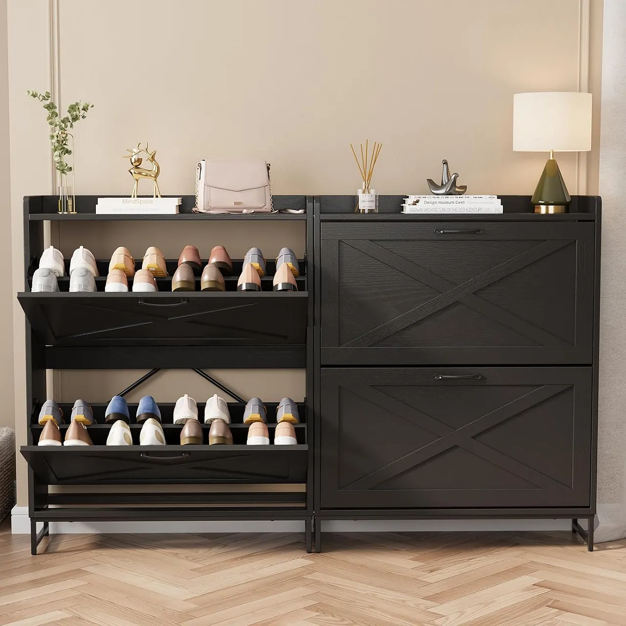 VOWNER farmhouse-style shoe cabinet with two flip-up drawers, freestanding metal legs, suitable for entryways, narrow shoe rack. VOWNER farmhouse-style shoe cabinet with two flip-up drawers, freestanding metal legs, suitable for entryways, narrow shoe rack.