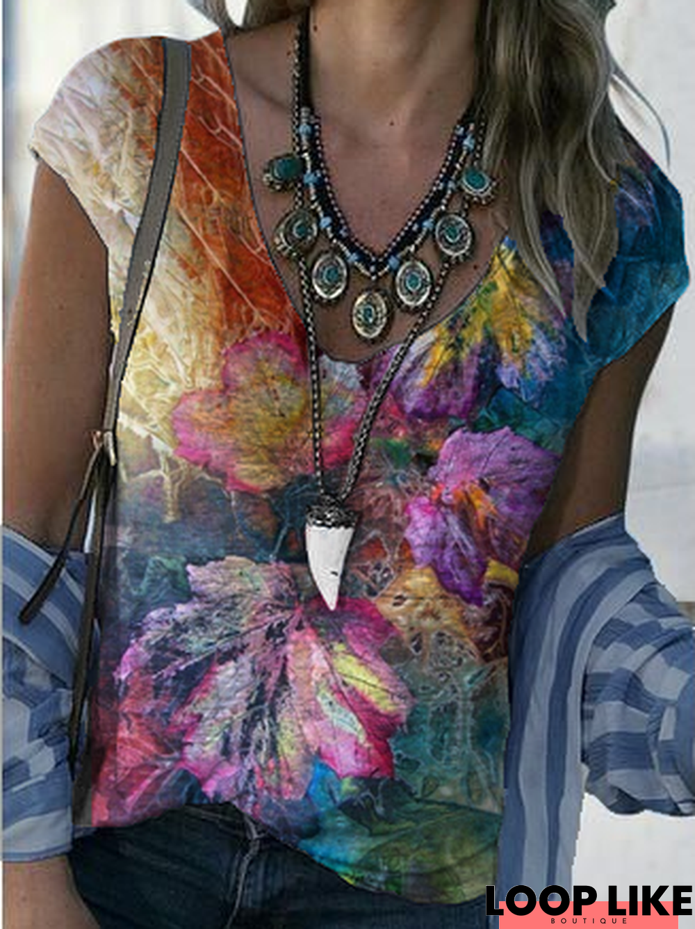 V Neck Floral Shift Short Sleeve T-shirt