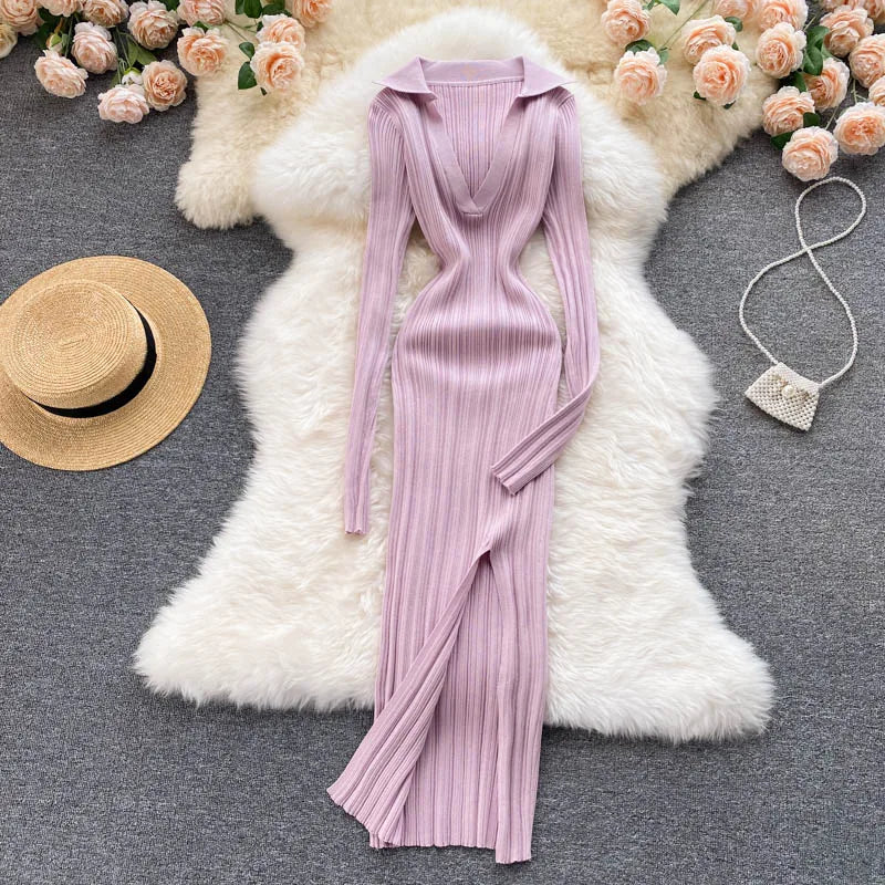 Aiertu  Women Korean Knitted Dress Long Sleeve V Neck Elastic Slim Pencil Dresses Autumn Sexy Bodycon Split Sweater Dress Aiertu