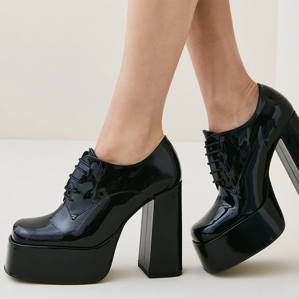 Black Patent Leather Closed Square Toe Lace Up Platform Loafers With Chunky Heels Nicepairs