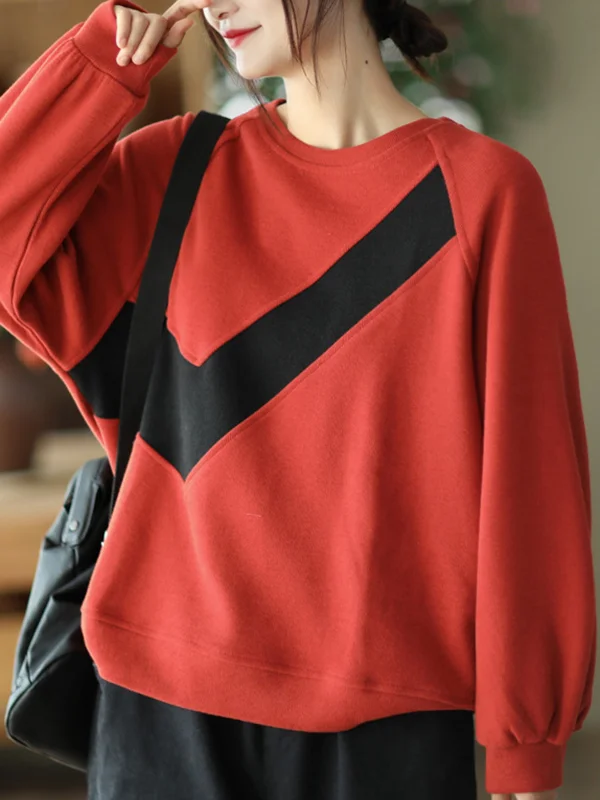 Original Loose Long Sleeves Contrast Color Split-Joint Round-Neck Hoodies&Sweatshirt Tops