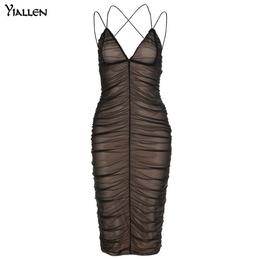 Yiallen Fashion Sexy Low Chest VNeck Backless Mesh Black Camisole Long Dress Women Summer Casual Beach Party Club Bodycon Dress