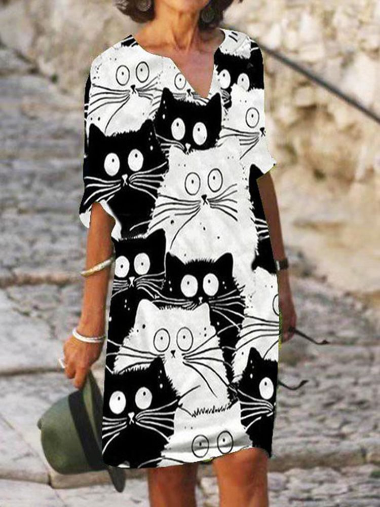 Artwishers Black Cat And White Cat Printed V-Neck Casual Dress
