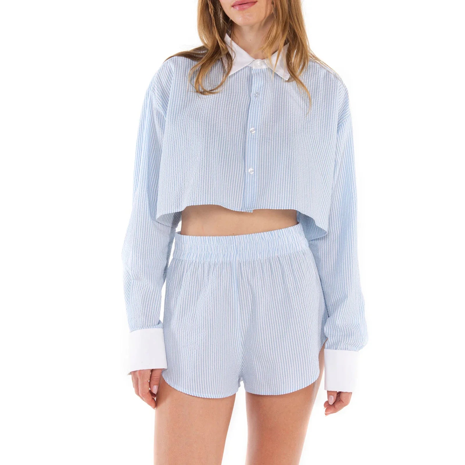 Llyge Women 2 Piece Summer Outfits Striped Print Long Sleeves Lapel Button Down Crop Shirt Tops + Elastic Shorts Streetwear llyge